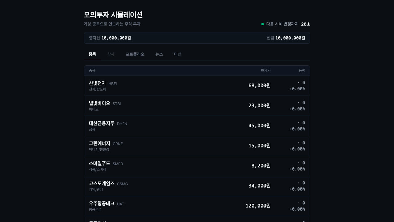 모의투자 시뮬레이션 게임 화면